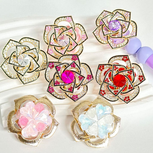 Delicate Gold Alloy Rose Flower with Rotatable Small Flower Large Round Rhinestone Inside Colorful Heart Rhinestones Clay Beads, Around 40MM