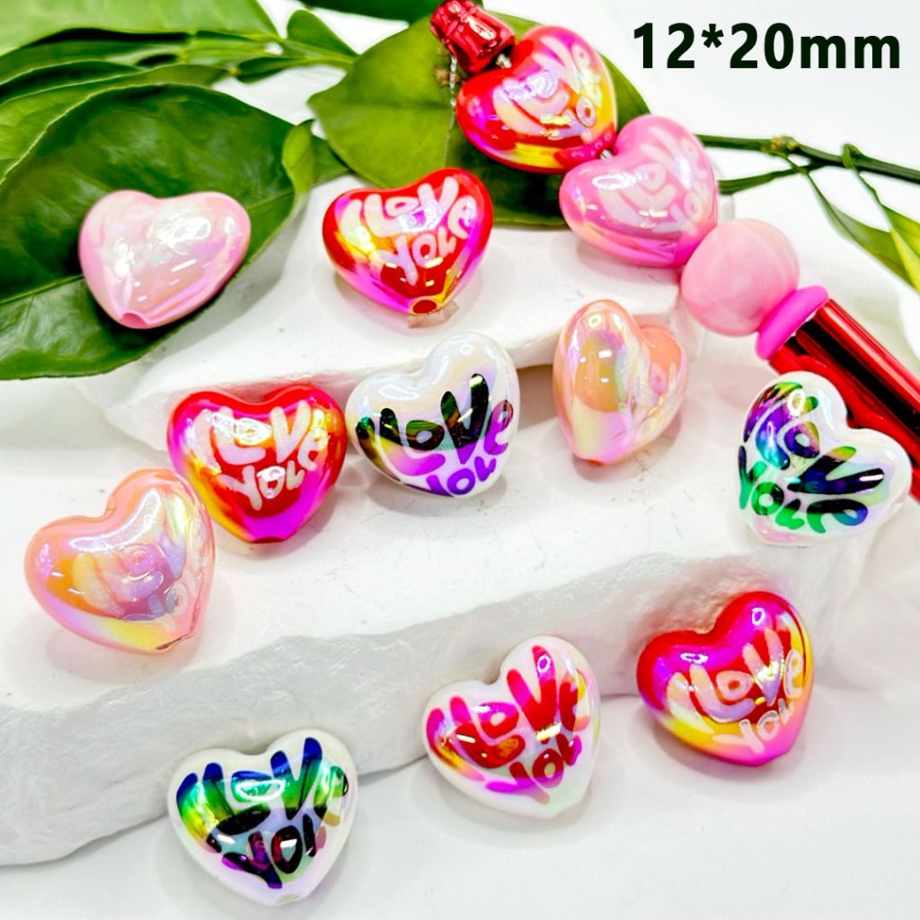 UV Finish Shiny Colorful Heart Acrylic Beads with Love You Valentines, 19*21MM