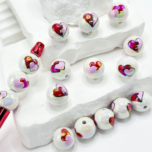 UV Finish Pink & Red Hearts Love Valentines White Round Acrylic Beads, 16MM