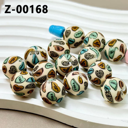 Colorful Hearts Beige Color Round Printed Silicone Beads 15mm, Number Z-00168