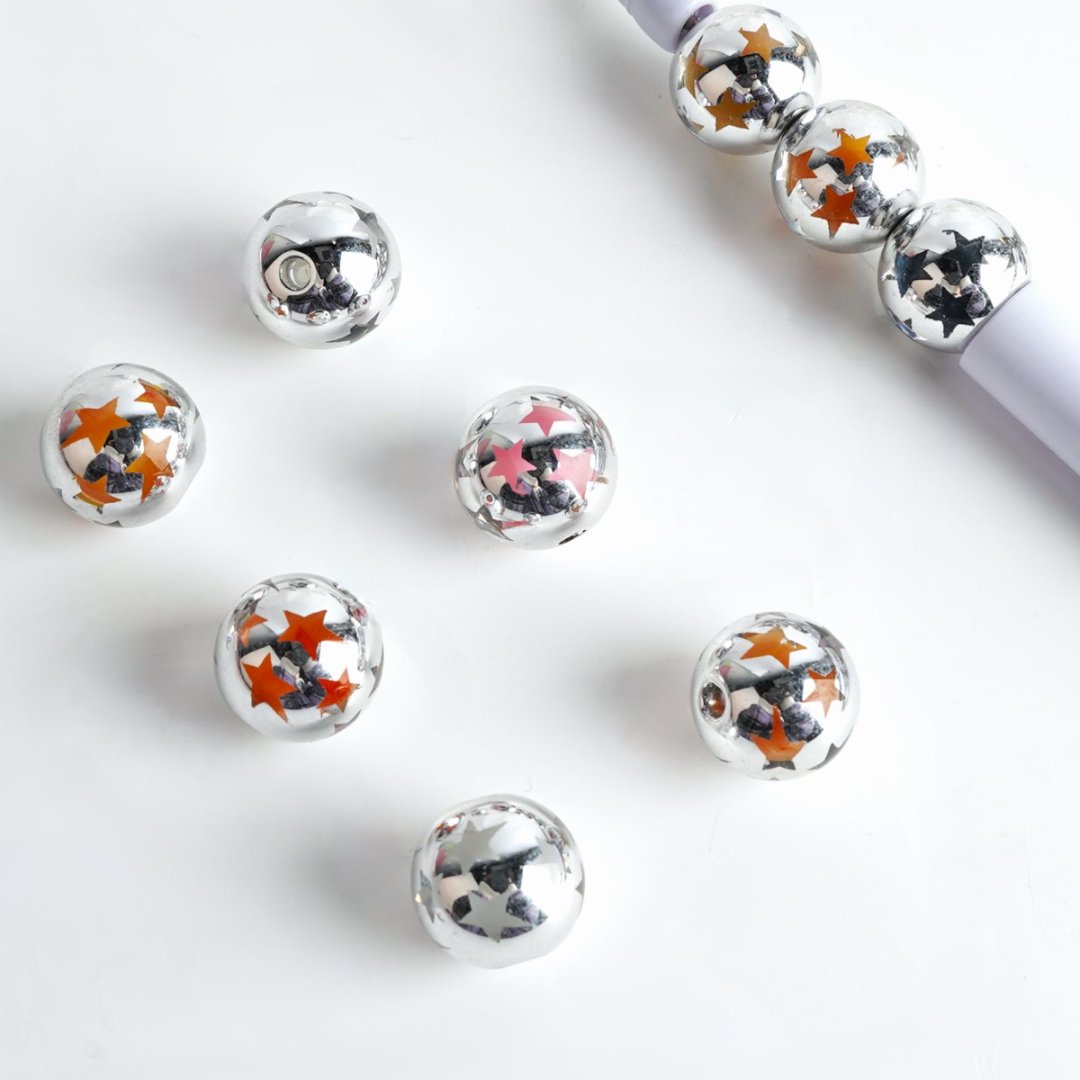 Star Patterned Double Layer Acrylic Beads. Silver Color, 16mm, WQ