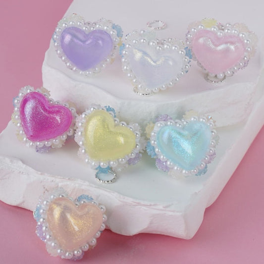 Bling Bling Colorful Glitter Heart White Pearls Chains Mini Cute Flowers White Heart Clay Beads, Around 27*22MM, Random Mix