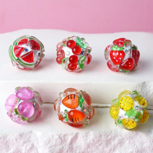 Cute Vivid Fruits Pineapples Strawberries Peaches Carrots Watermelons Cherries AB Rhinestones White Round Clay Beads, Around 16MM