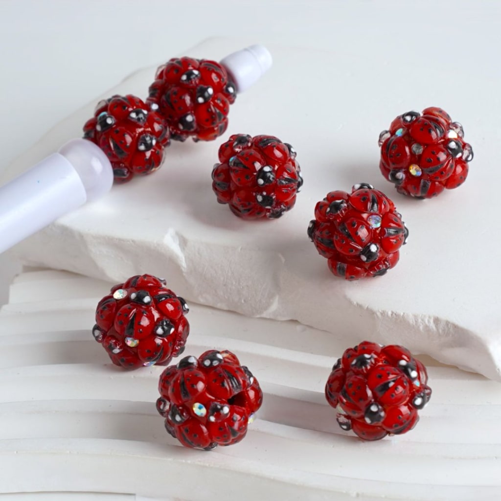 Cute Red Ladybugs AB Rhinestones Round Clay Beads, Around 18MM