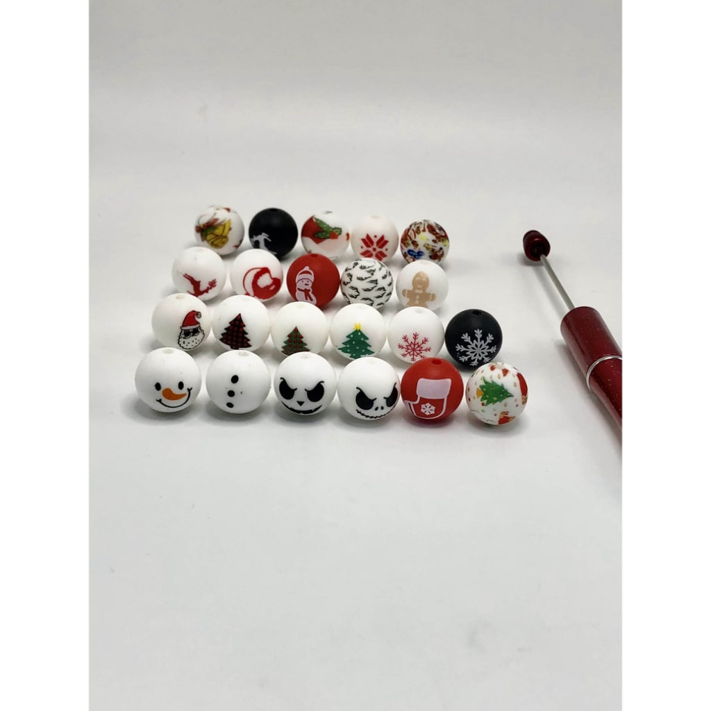 Christmas Xmas Printed Silicone Beads 15 mm Random Mix