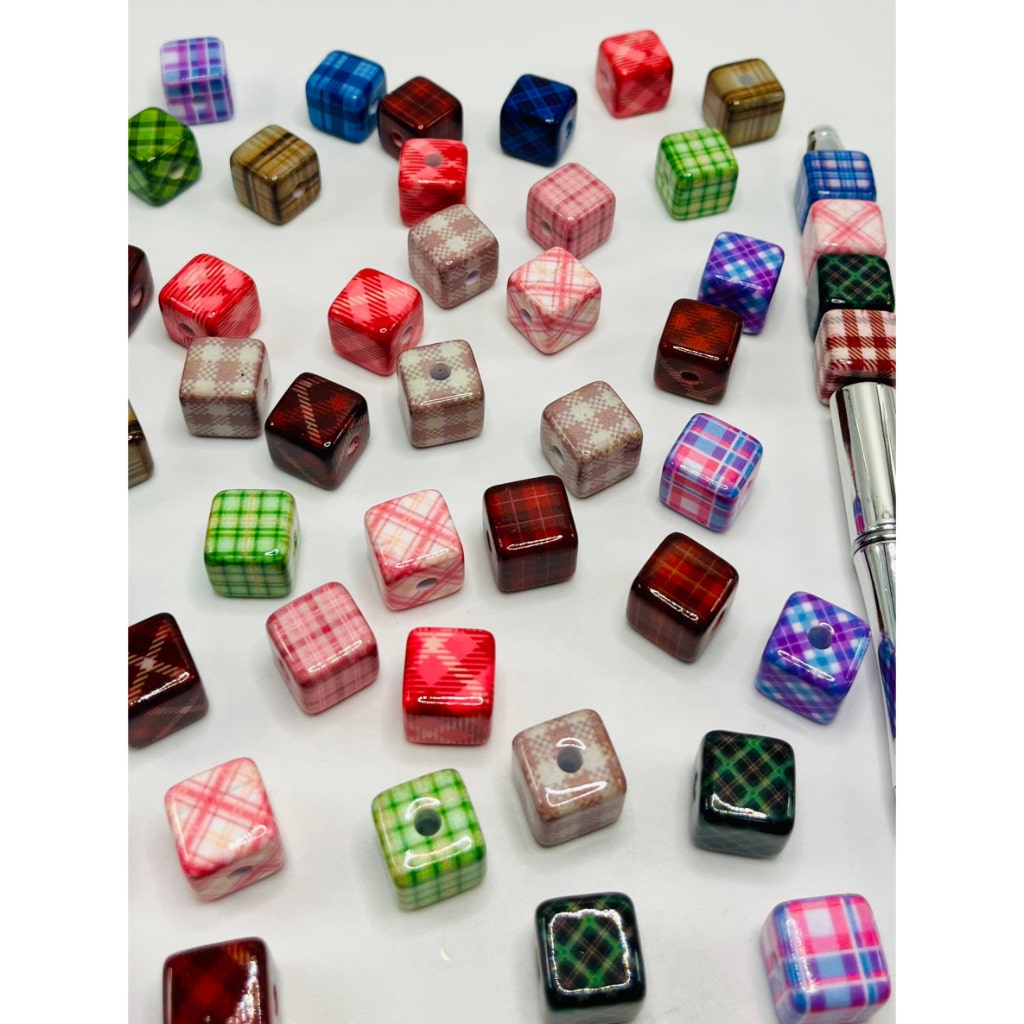 Cube Acrylic Beads with Inspired Abstract Patterns, 13mm, SB