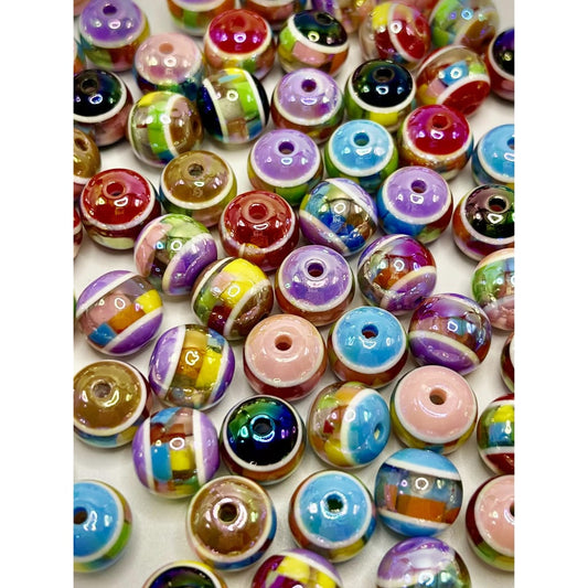 14mm Beads, Colorful Acrylic Beads with Glossy Multicolor Stripes, Size 14mm