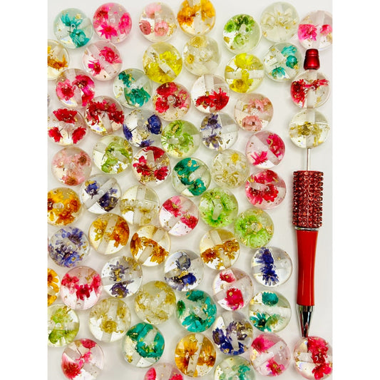 Cute Clear Acrylic Beads with Flowers and Gold Confetti Inside, 20mm, Random Mix