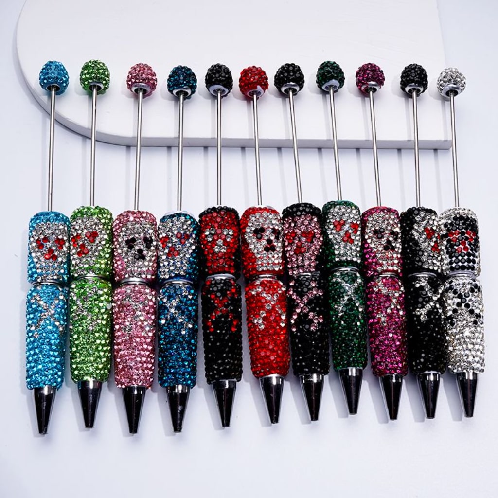 Horror Skeleton Skull Head Design Beadable Clay Pens with Colorful Rhinestones Covered the Entire Pen