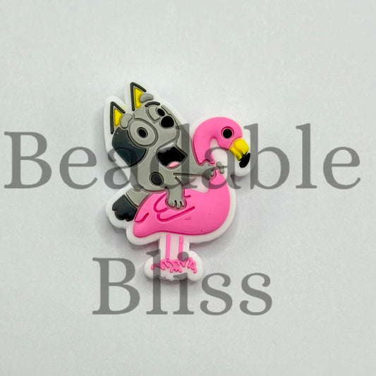 A Cute Dog Riding Pink Flamingo Cartoon Silicone Focal Beads