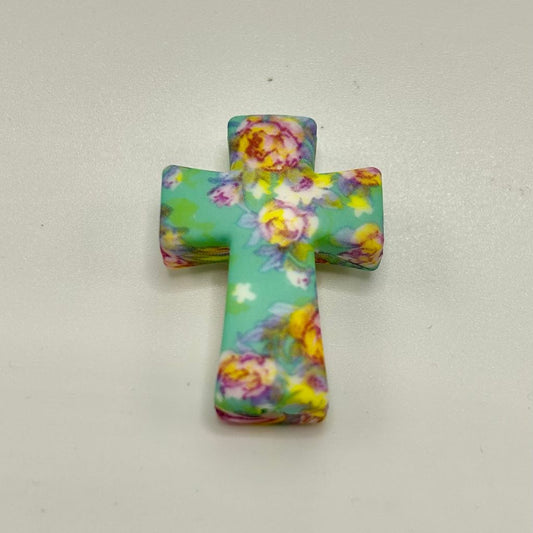 Floral Flower Print Cross Silicone Focal Beads