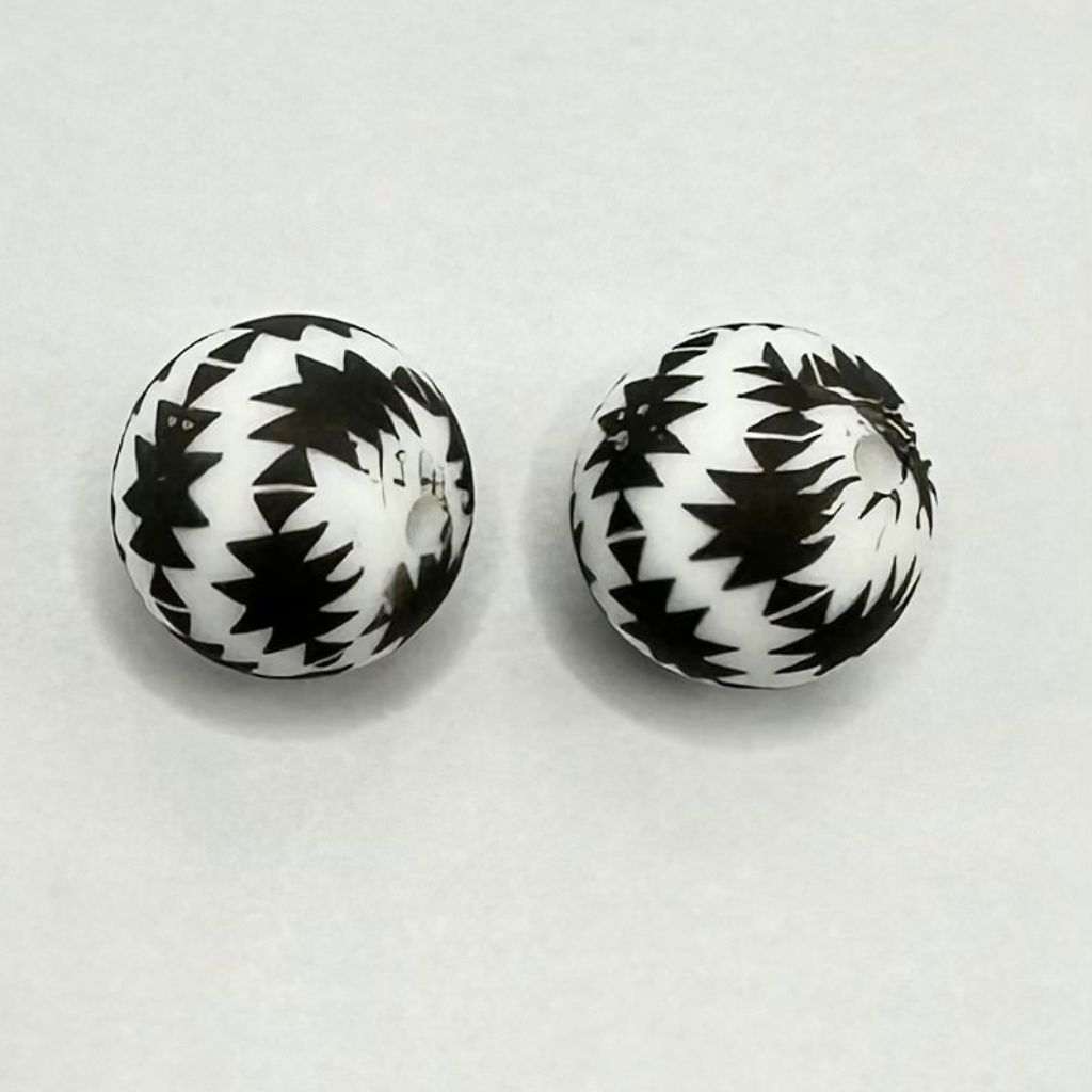 Black White Pattern Checkered Round Printed Silicone Beads 15mm