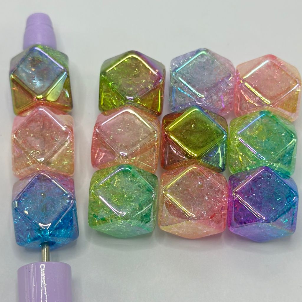 Crackle Rainbow Acrylic Beads with UV Finish Hexagon Multicolor Ombre 14*15.5 mm Random Mix