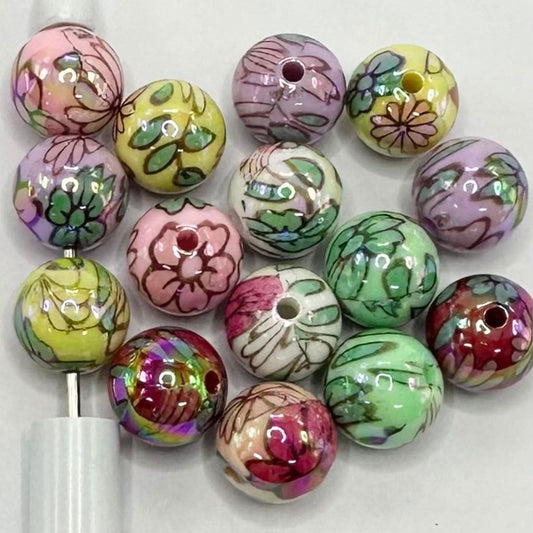 Flower Painted Multicolor Printed Acrylic Beads Floral 16mm UV Finish Random Mix