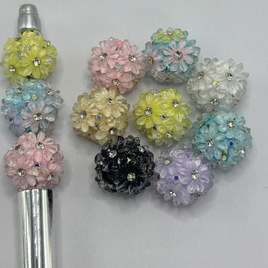 Floral Clay Beads Transparent Flowers with Clear Rhinestones 18mm Random Mix