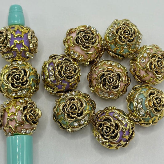 Fancy Acrylic Beads with Sparkling Cage Rhinestone Flowers Stars Gold Antique 20mm Random Mix