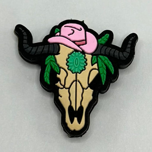 Buffalo Skull with Pink Cowboy Hat Aztec Print Silicone Focal Beads