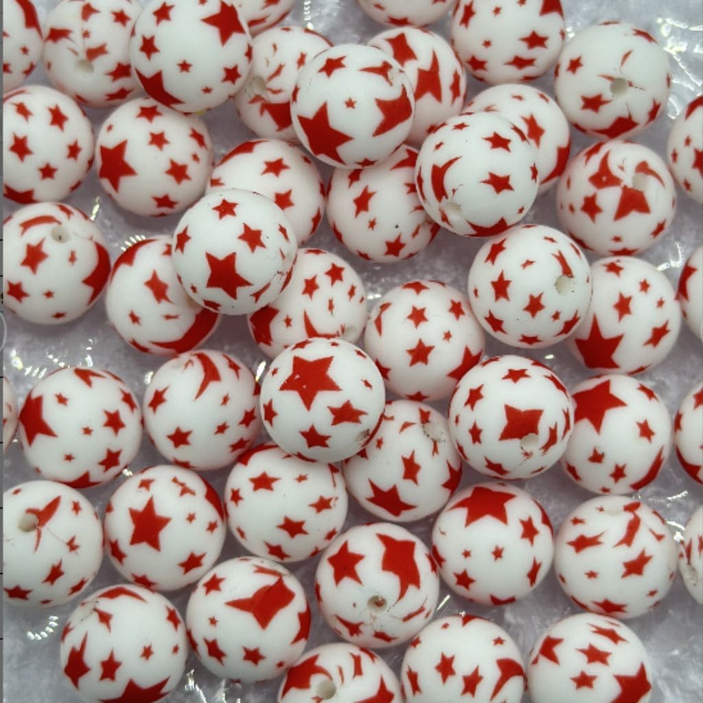 Red Star Printed over White Background Round Shape Printed Silicone Beads 15mm