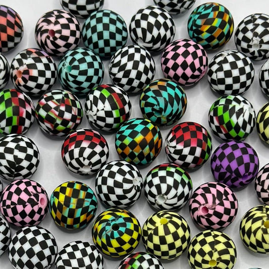 Checkered Pattern Round Silicone Beads Random Mix 15mm