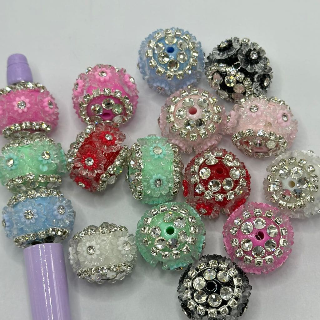 Fancy Acrylic Beads with Triple Layer Rhinestone Flowers and Rhinestone Chain 17*22mm Clay Beads