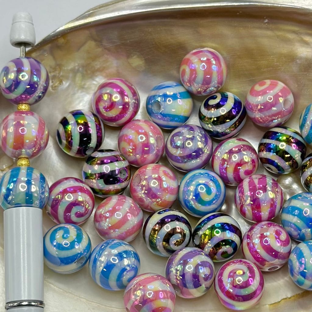 Glossy Multicolor Acrylic Beads with Swirl Pattern Print Round Shape 16mm