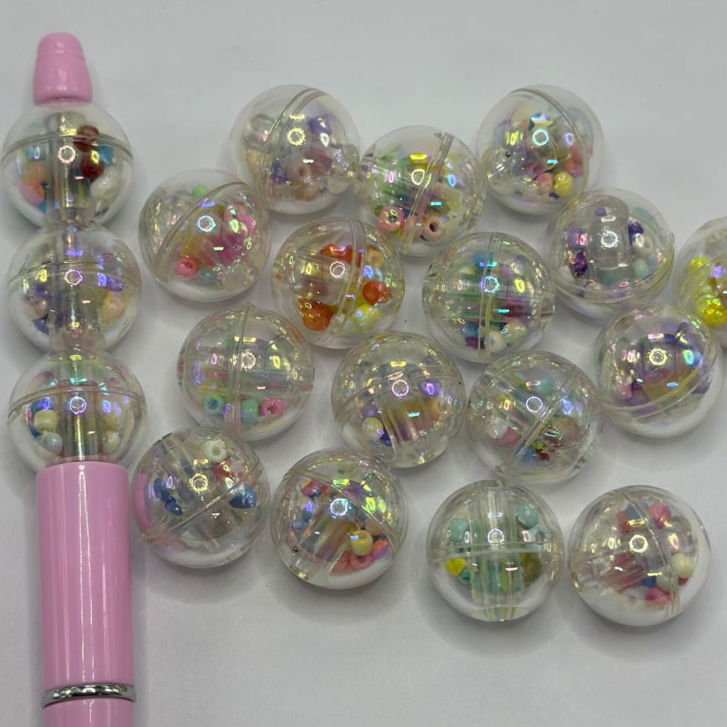 Empty Ball Acrylic Beads with Confetti and Small Colorful Beads Inside UV Finish Round 18mm