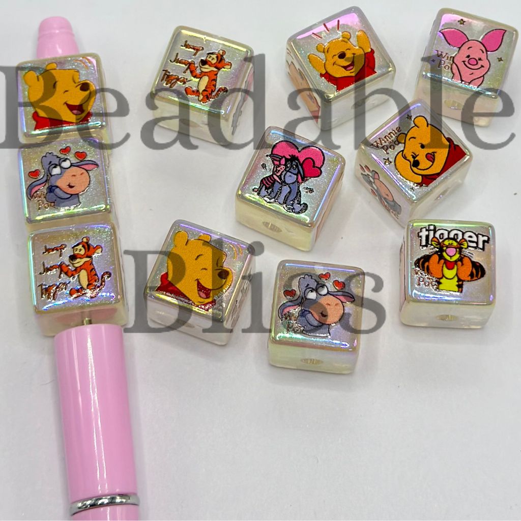 Cute Cartoon Bear Tiger Acrylic Beads in Cube Shape Glittery 16mm