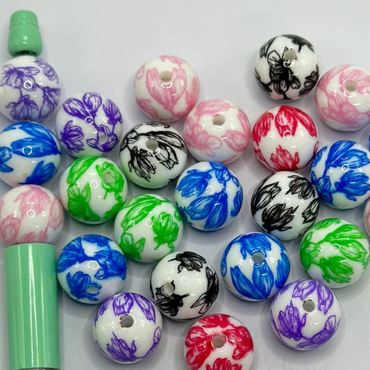 Acrylic Beads with Flower Design Floral White Background 16mm