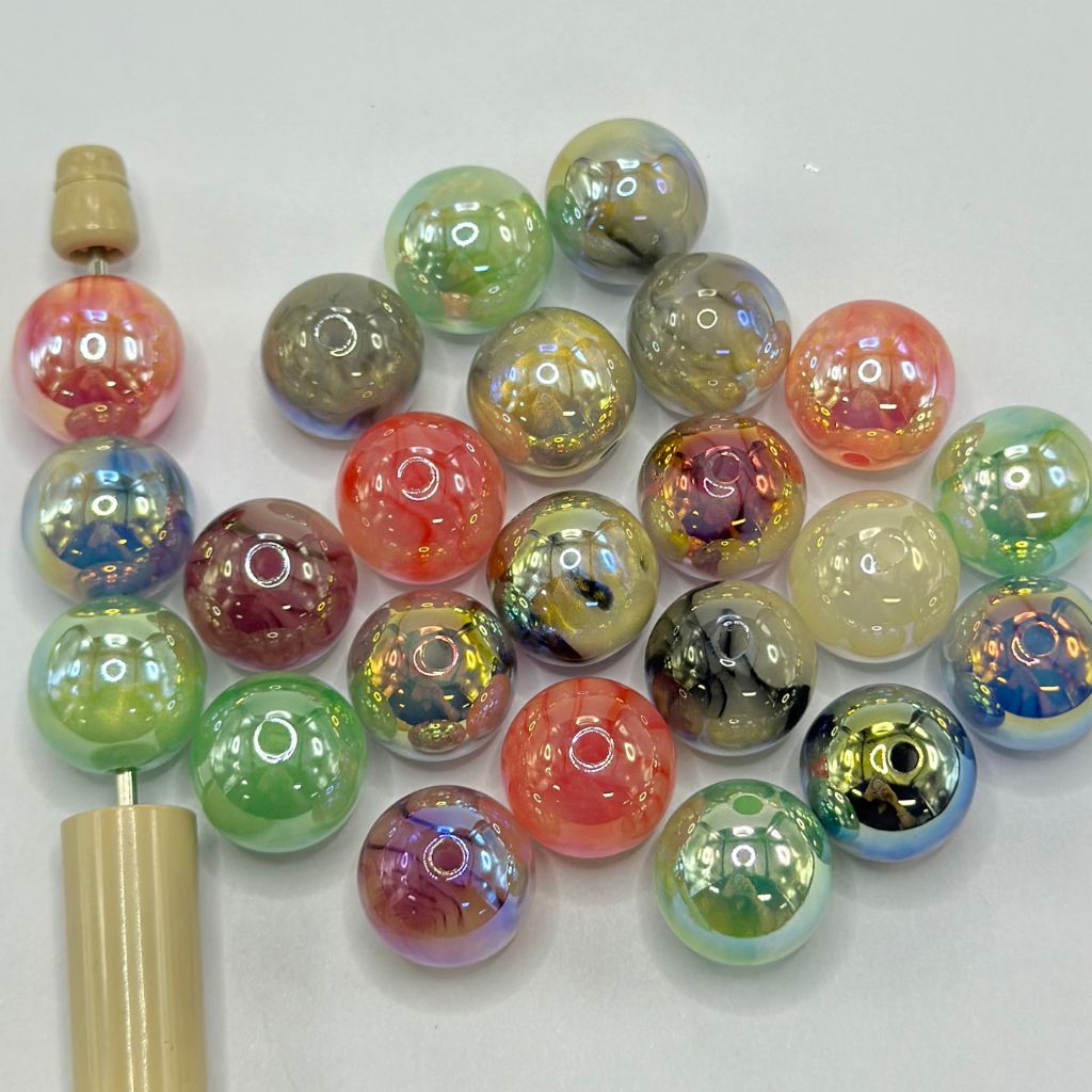 Resin Beads with Marble Pattern Extra Glossy UV Finish Random Mix 16mm