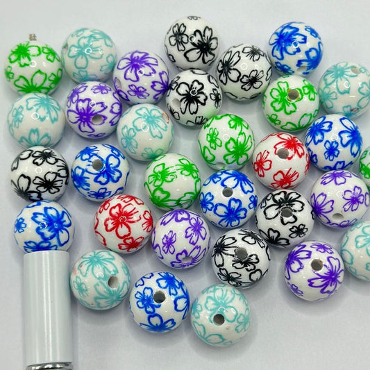 White Acrylic Beads with Random Mixed Color Plain Flowers 16mm