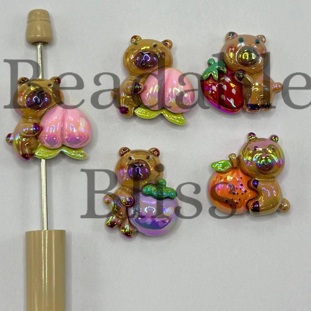 Cute Brown Bear With Giant Peach, Animal, Acrylic Beads