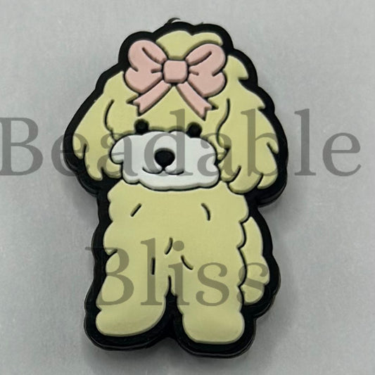 Cute Fluffy Yellow Dog with Bowtie on Head Pet Silicone Focal Beads