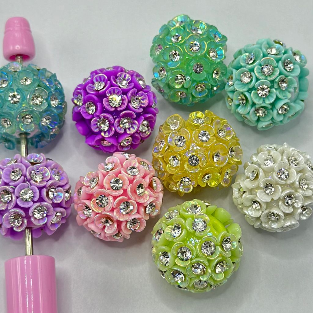 Blooming Cherry Blossom Acrylic Beads with Clear Rhinestones, Spring Theme, 20mm Random Mix