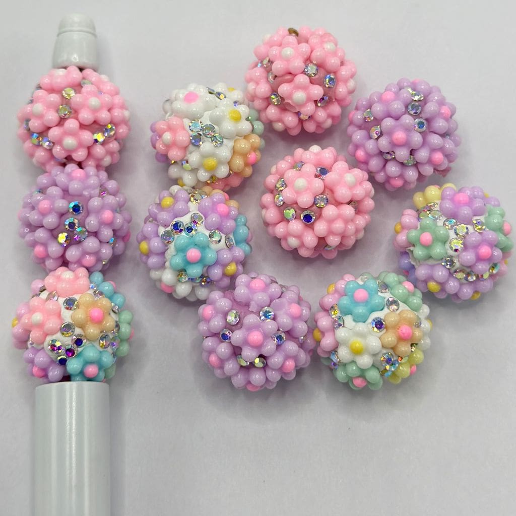 Round Clay Beads with Double Color Flowers, and AB Color Rhinestones, Floral 18mm Random Mix