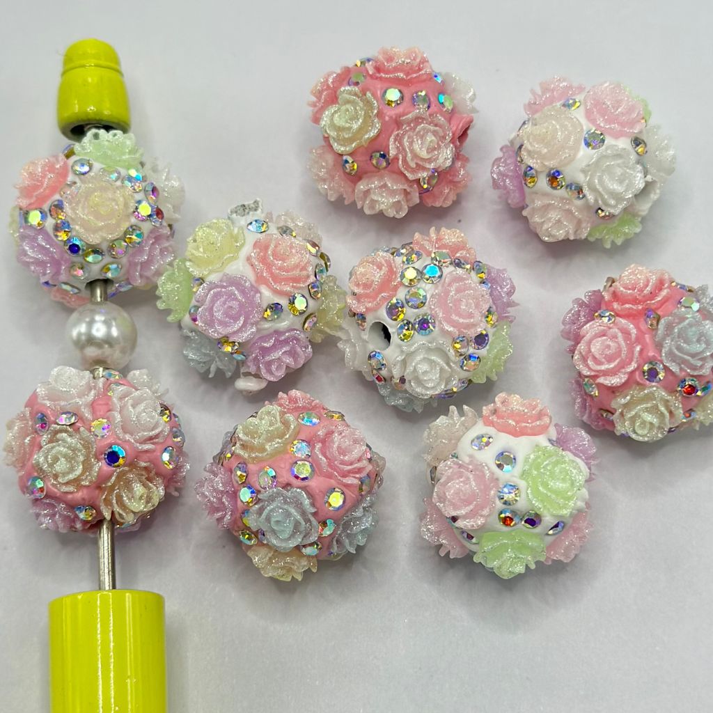 Elegant Style Clay Beads with Multicolor Glittery Roses in Light Pastel Colors and Ab Color Rhinestones 18mm Random Mix