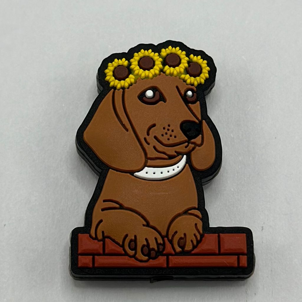 Brown Dog Wienner with Sunflower Garland Wreath Pet Animal Silicone Focal Beads