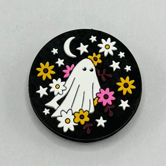 Cute Ghost with Colorful Flower, Moon and Stars at Night Halloween Silicone Focal Beads