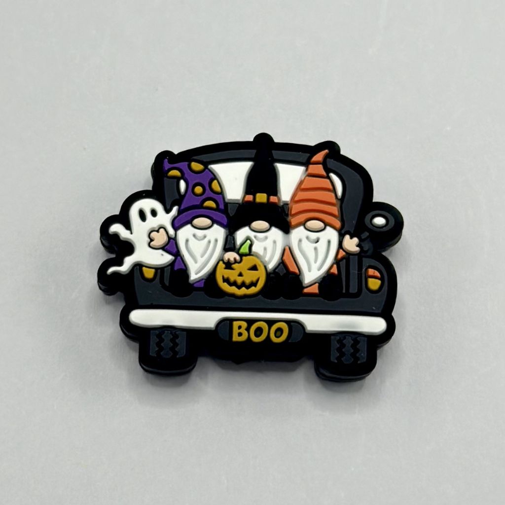 Gnomes and Ghost Driving a Boo Plated Halloween Car Silicone Focal Beads