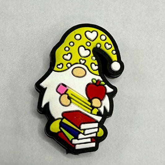 Gnome Teacher Wearing Yellow Hat With Red Apple, Books and Pencil Silicone Focal Beads