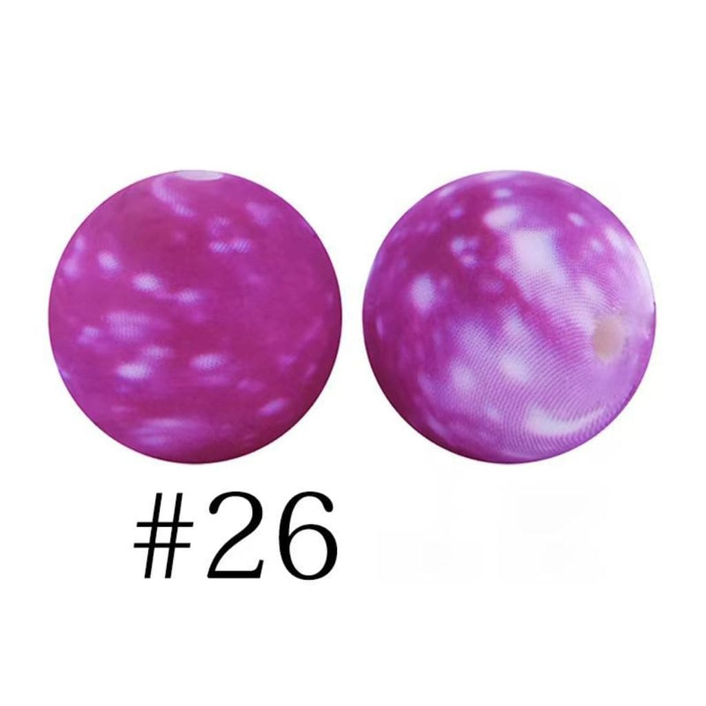 Pink and White Galaxy Pattern Round Printed Silicone Beads 15mm, Number 26