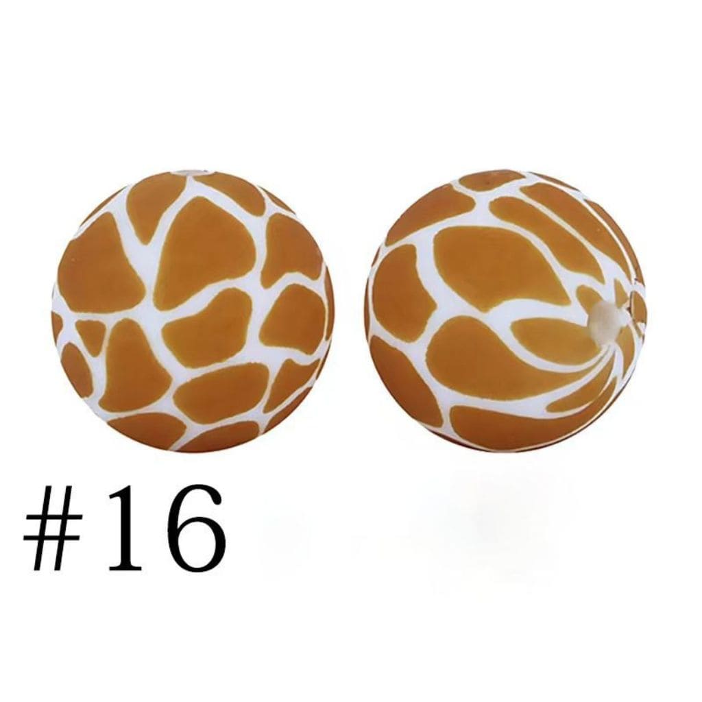 White and Brown Jaguar Print Round Printed Silicone Beads, 15mm, Number 16