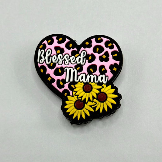 Pink Heart Jaguar Print Blessed Mama with Sunflower Silicone Focal Beads