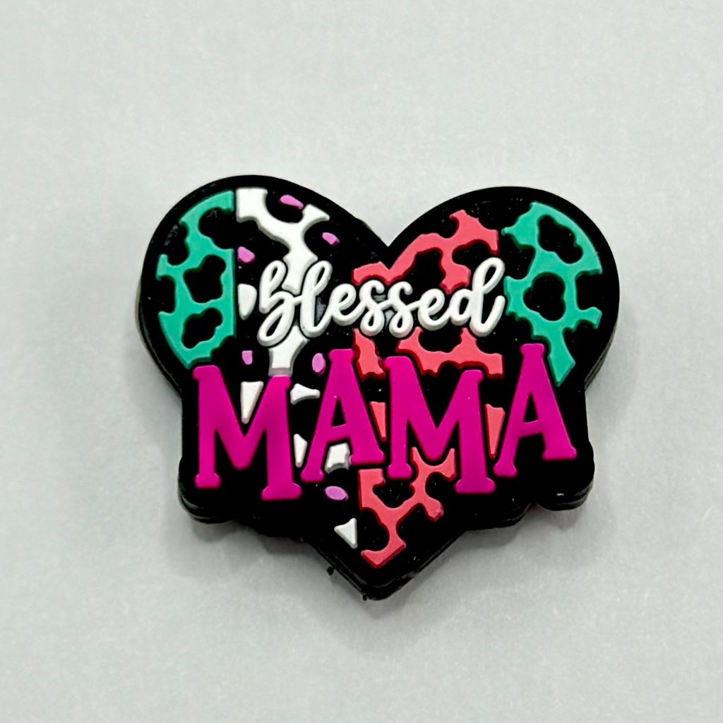 Blessed Mama in Multicolor Jaguar Print Stripes, Colorful Heart Silicone Focal Beads