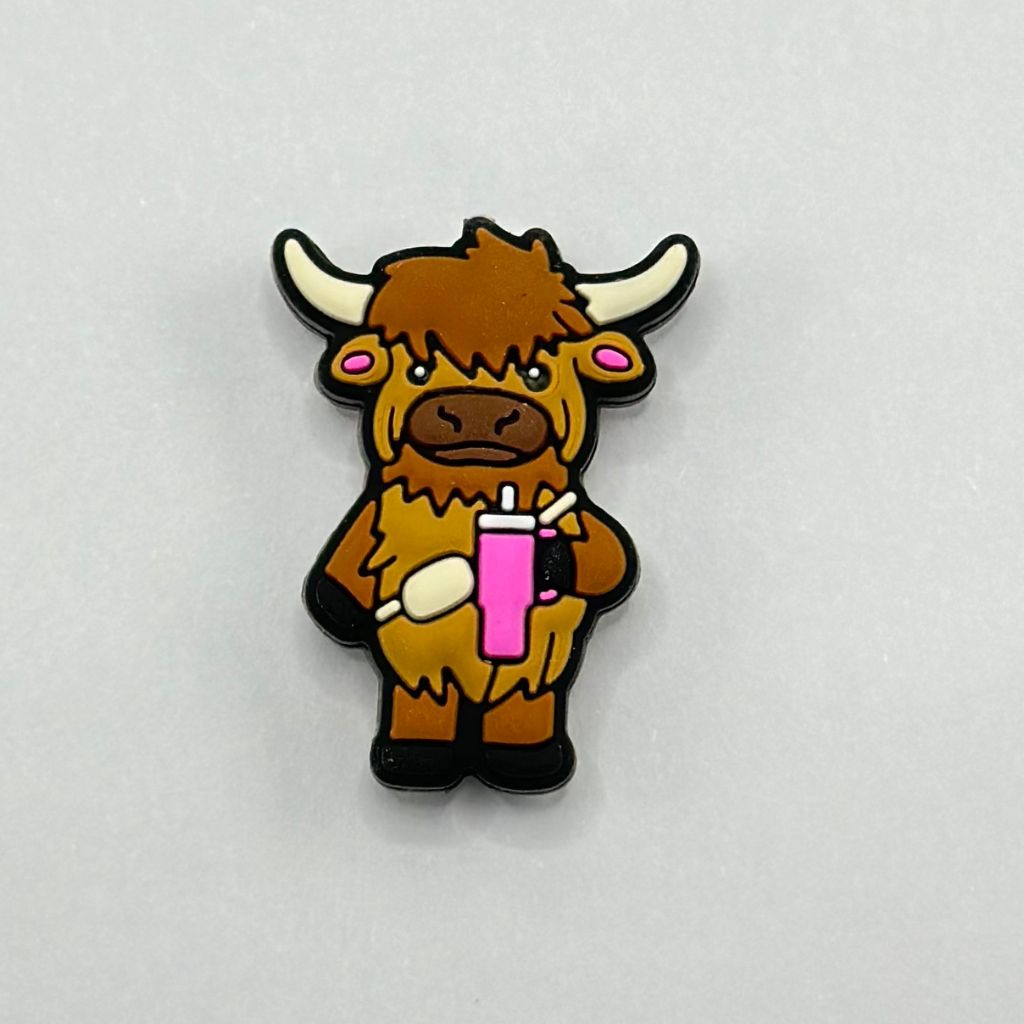 Brown Highland Cow with Coffee Tumbler Silicone Focal Beads