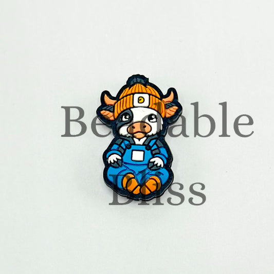 Cute Calf in Overalls and Orange Color Hat Baby Cow Girl Silicone Focal Beads