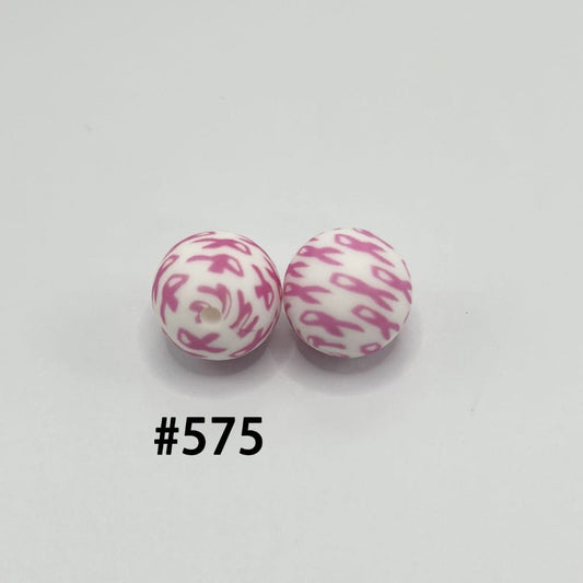 Cancer Awareness Ribbon Bowtie Round Printed Silicone Beads 15mm, Number #575