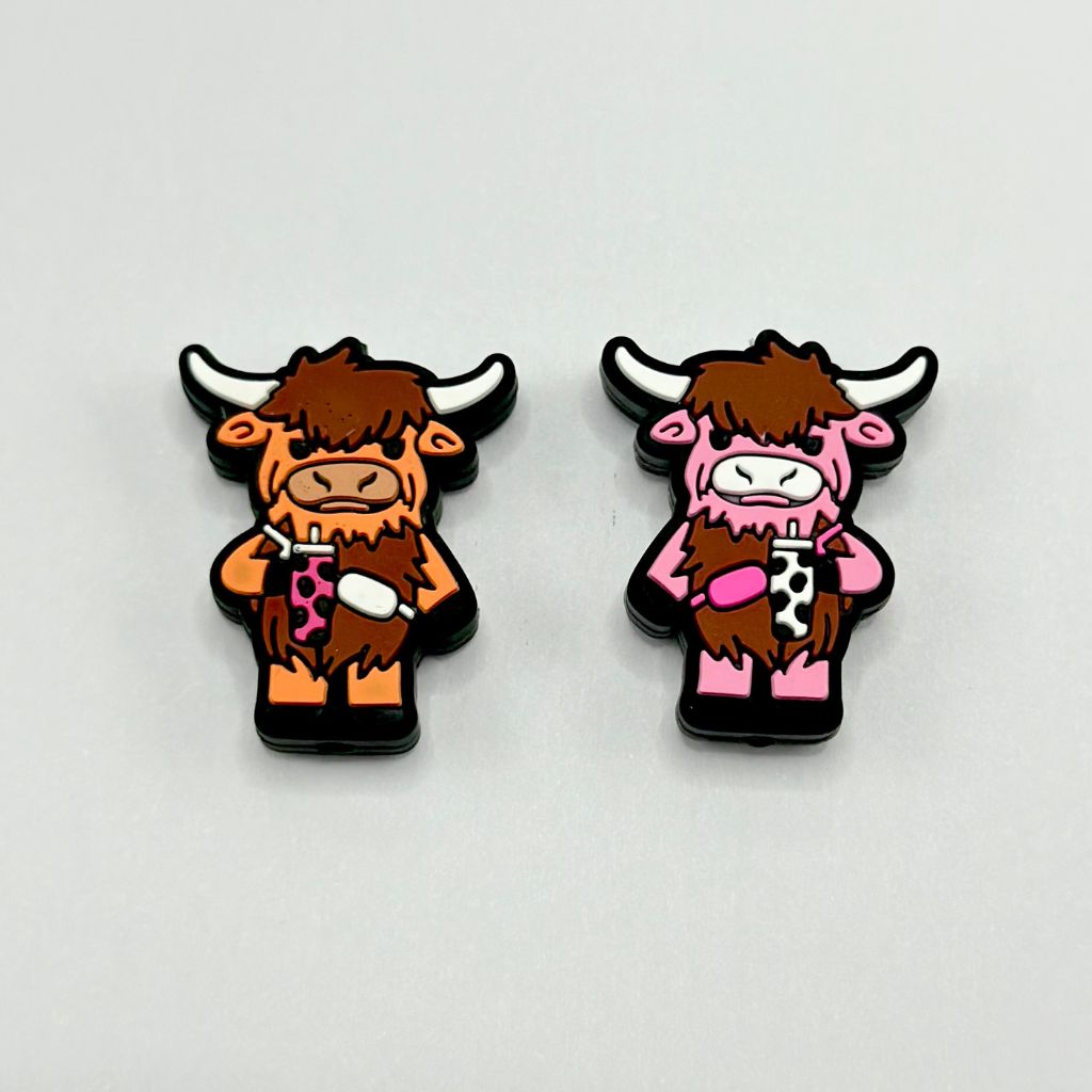 Brown and Pink Highland Cow Calves with Cow Print Tumbler Coffee Silicone Focal Beads