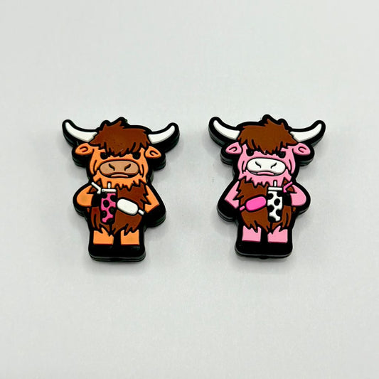 Brown and Pink Highland Cow Calves with Cow Print Tumbler Coffee Silicone Focal Beads