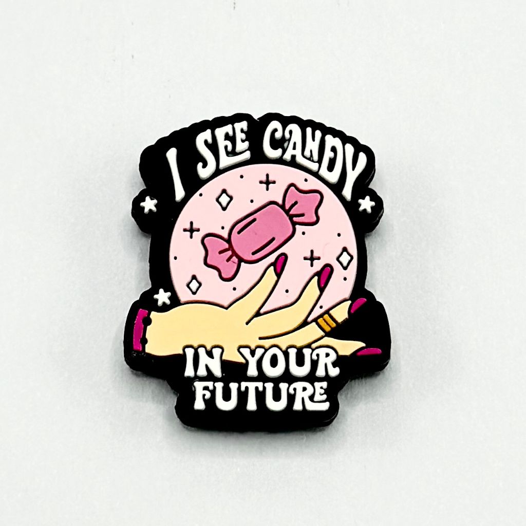 Pink Crystal Globe with "I See Candy in Your Future" Text on Silicone Focal Beads