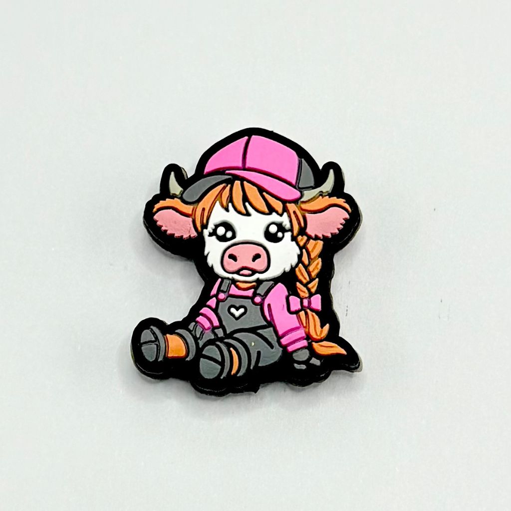 Calf with Pink Hat and Braids Cow Girl Silicone Focal Beads